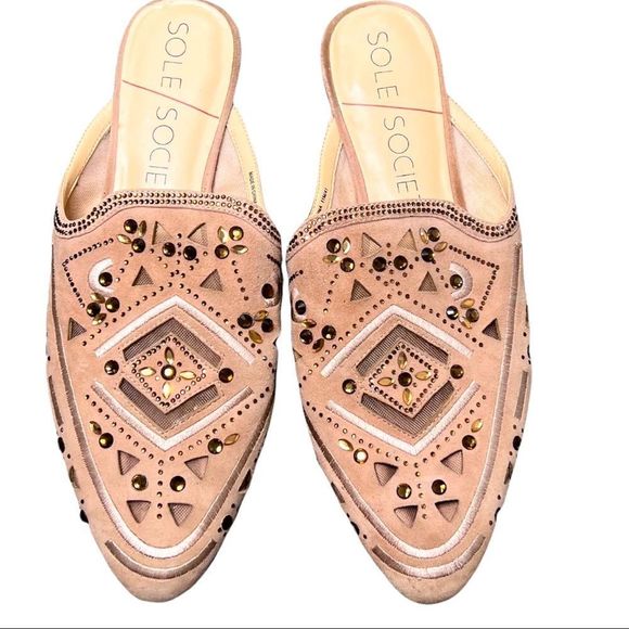 Sole Society Shoes - Sz 11M Sole Society Peace Tan Embellished Block Heel Mules
